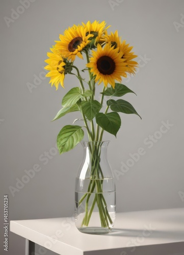 Sunflowers in a simple clear glass vase, light background,  colorful,  beautiful