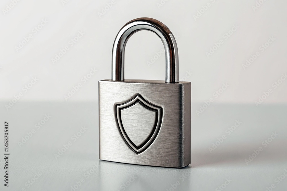 Fototapeta premium Metal padlock with shield emblem representing security and protection.