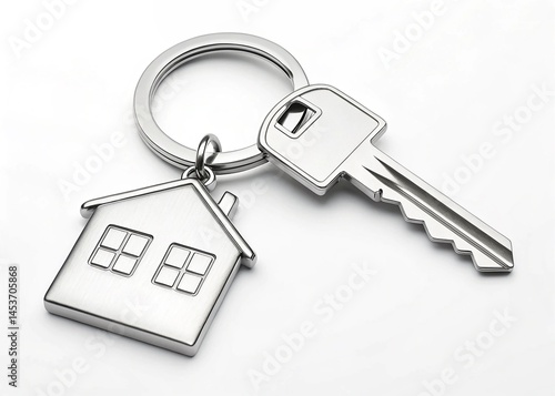Silver keychain with house key and keyring for real estate.