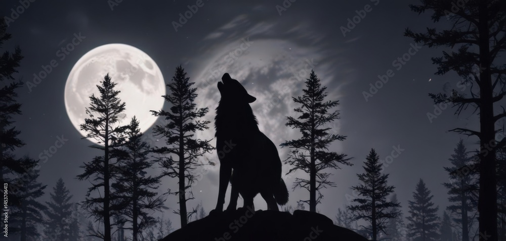 Fototapeta premium Silhouetted wolf howls beneath a full moon, trees loom , download, howling