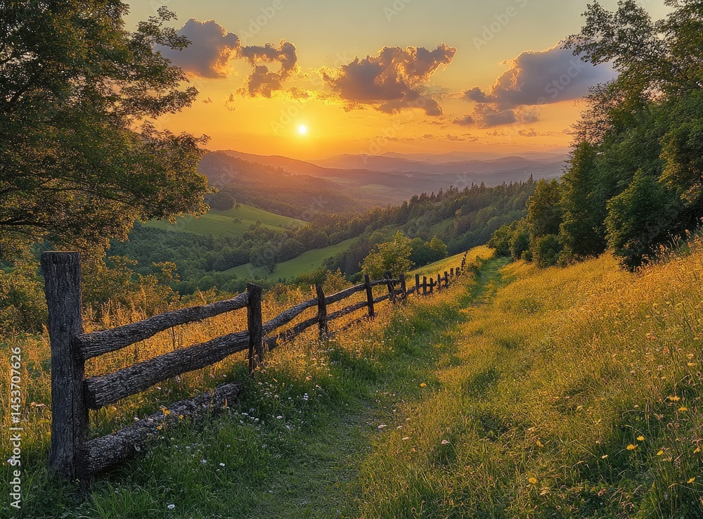 Fototapeta premium Peaceful rural landscape at golden sunset.