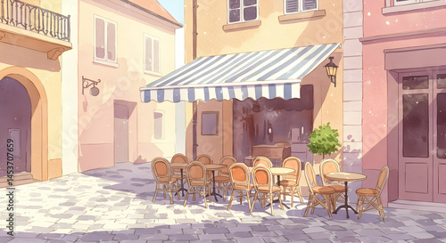 Charming Street Scene of a Cozy Café with Outdoor Seating Area