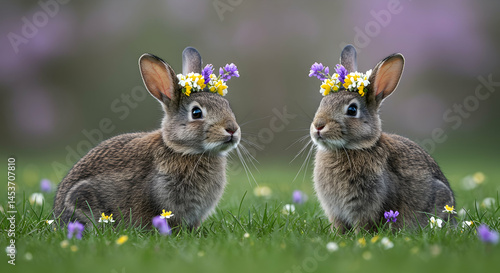 Cute Rabbits with Flower Crowns in a Colorful Meadow Setting