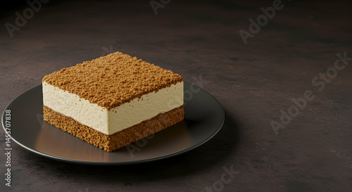 Creamy Dessert Slice with Crumb Topping on Dark Background