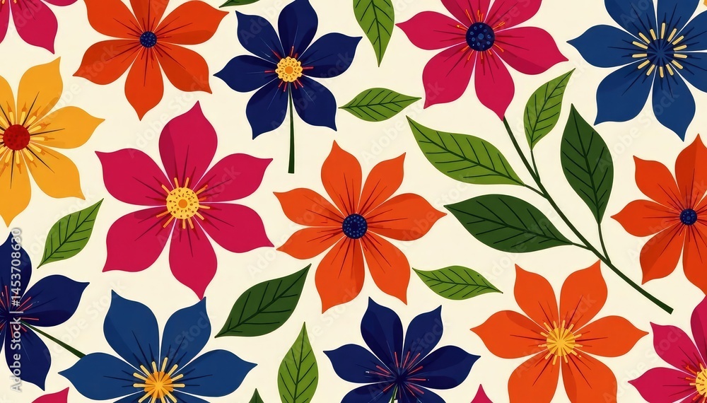 Bold, overlapping floral motif Continuous, vibrant petal design , exotic, leaves Bold, overlapping floral motif Continuous, vibrant petal design , exotic, leaves