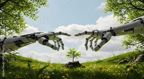 Robotic Hands Reaching Towards a Small Tree in Nature Scene
