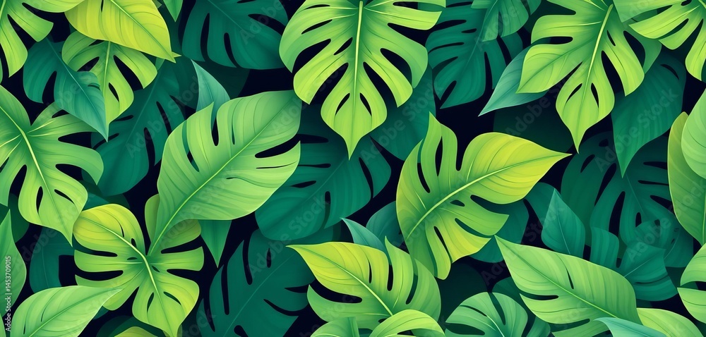 Abstract seamless pattern featuring overlapping tropical leaves in varying shades of green and teal, creating a lush, vibrant design, tropical, exotic Abstract seamless pattern featuring overlapping tropical leaves in varying shades of green and teal, creating a lush, vibrant design, tropical, exotic