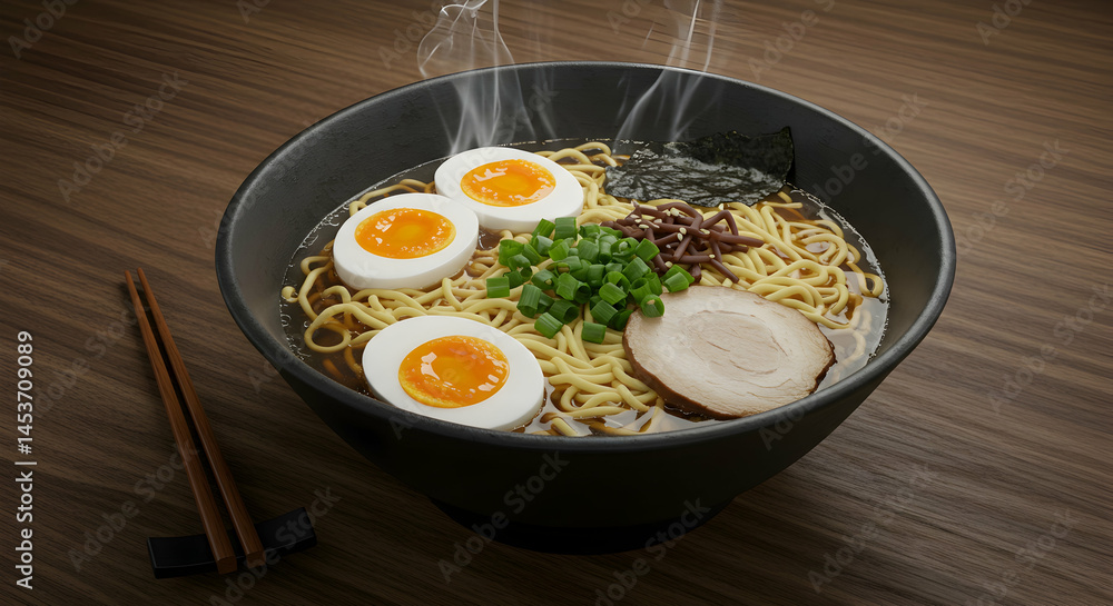 Delicious Bowl of Ramen with Soft-Boiled Eggs and Fresh Ingredients Delicious Bowl of Ramen with Soft-Boiled Eggs and Fresh Ingredients