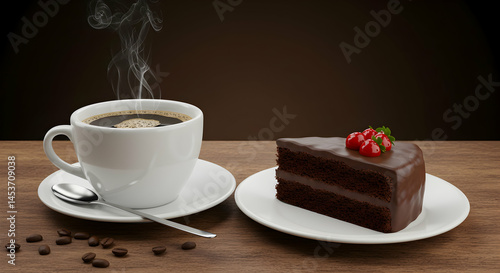 Delicious Chocolate Cake with Coffee and Steam on Wooden Table