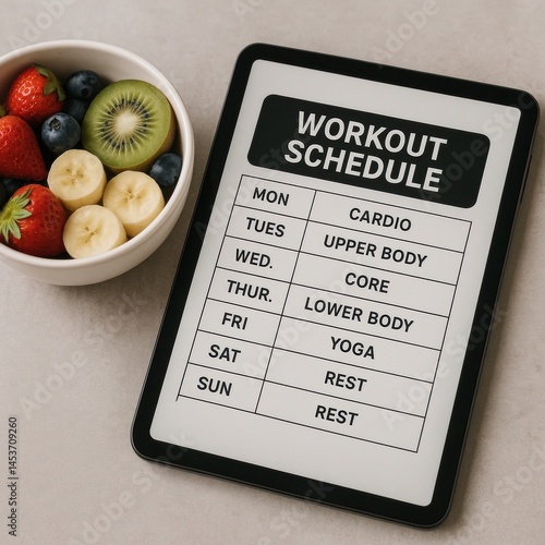Workout Schedule with Fresh Fruit Bowl in the Background