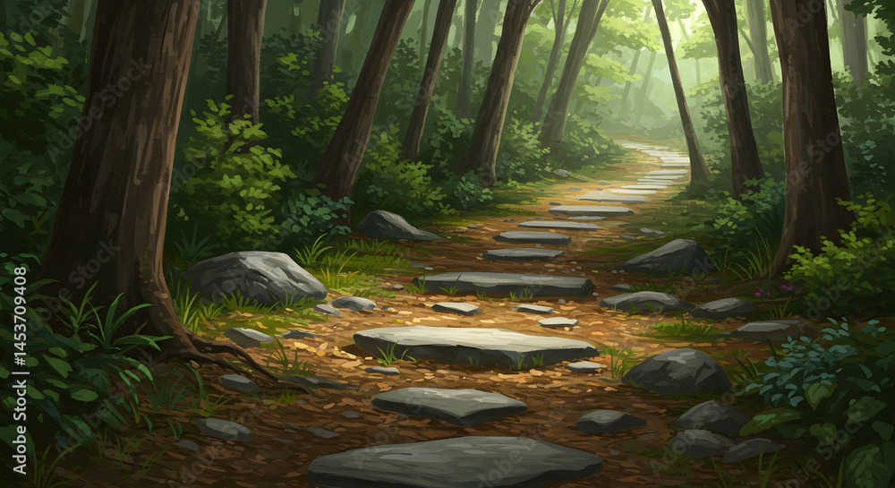 Obraz premium Tranquil Pathway Through Lush Forest with Sunlight Filtering Down