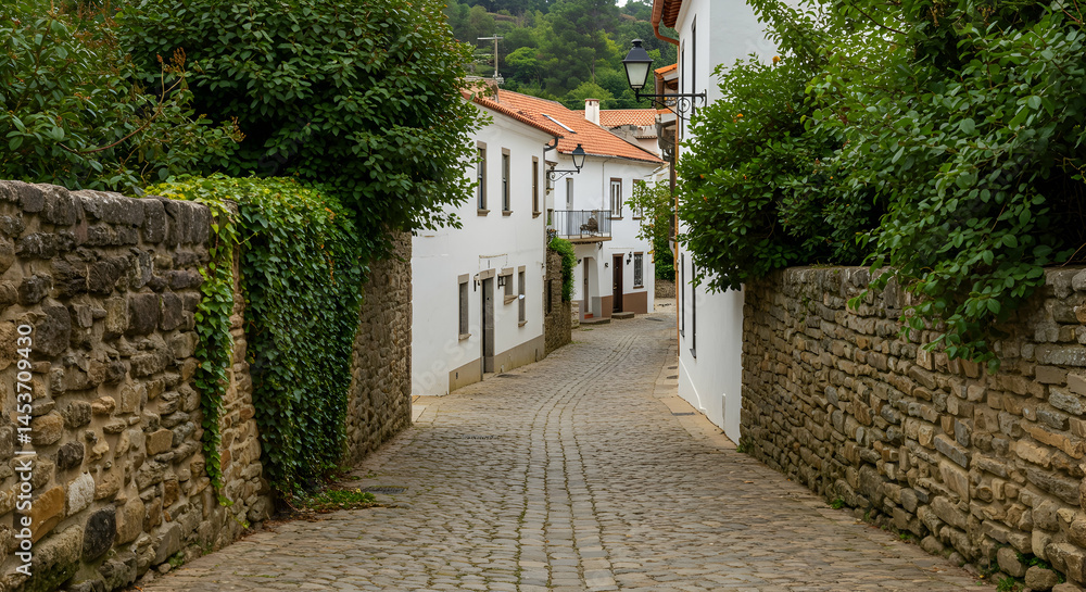 Fototapeta premium Charming Cobblestone Street Surrounded by White Houses and Greenery