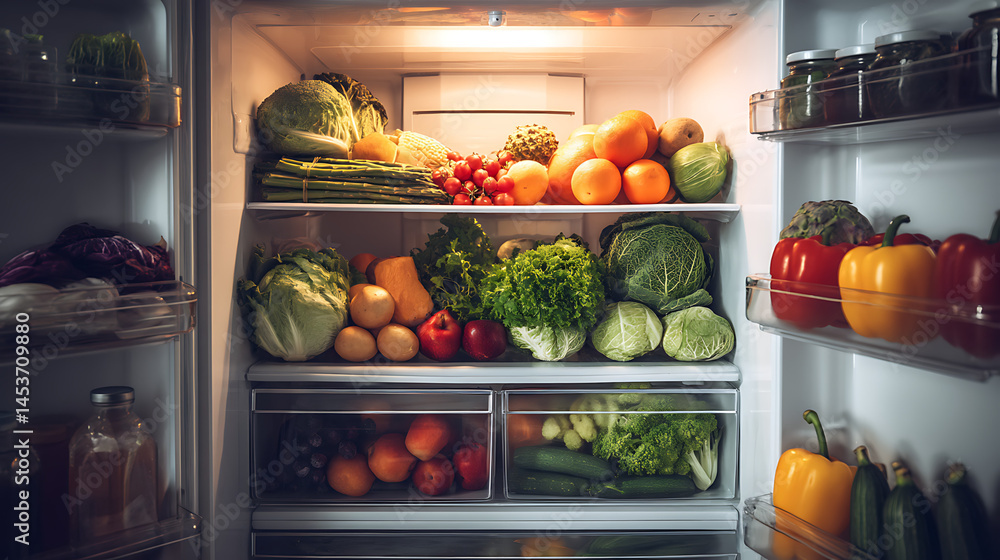 Refrigerator full of fresh vegetables and fruits organized on shelves inside modern kitchen appliance Refrigerator full of fresh vegetables and fruits organized on shelves inside modern kitchen appliance