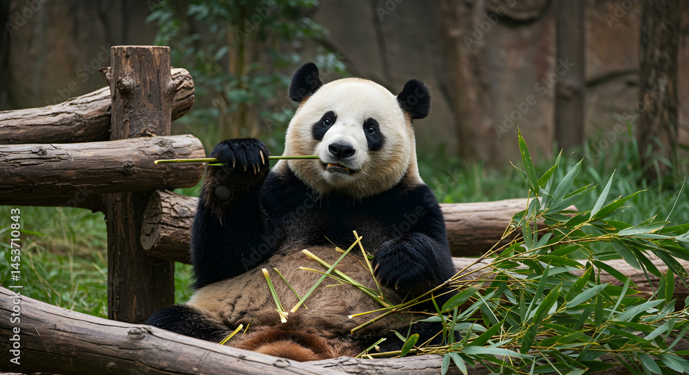 Fototapeta premium Playful Giant Panda Enjoying Bamboo in Natural Habitat Scene
