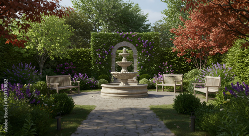 Serene Garden with Stone Fountain Surrounded by Lush Greenery