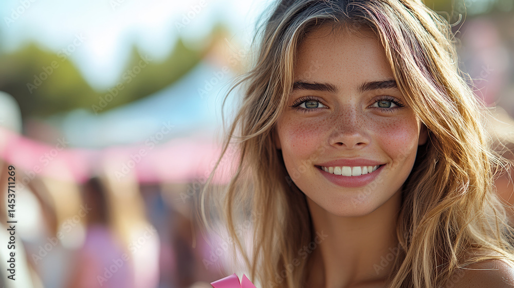 Fototapeta premium A young woman with long blonde hair, freckles, and a bright smile looks directly at the camera. A blurred festival background is visible