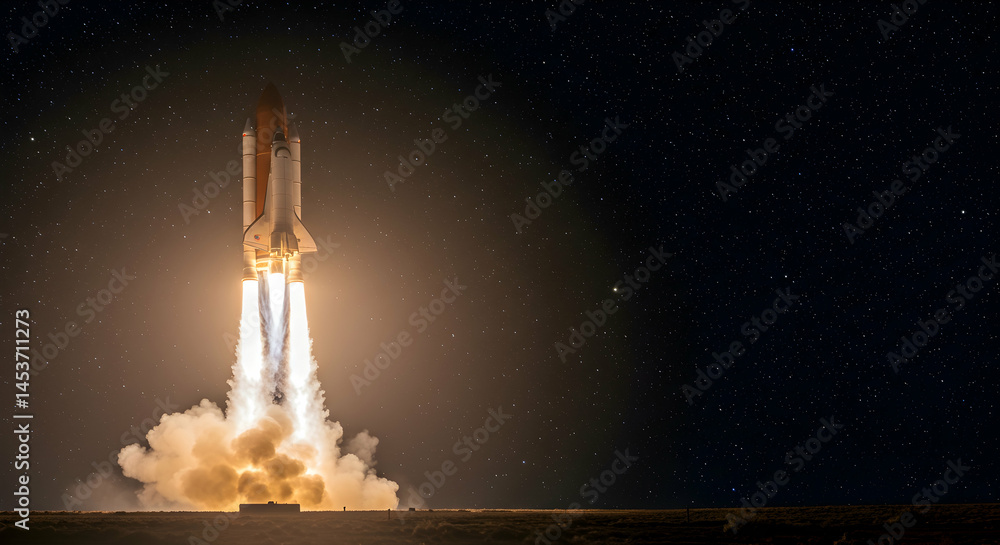 Fototapeta premium Space Rocket Launching Into Night Sky with Bright Flames and Smoke