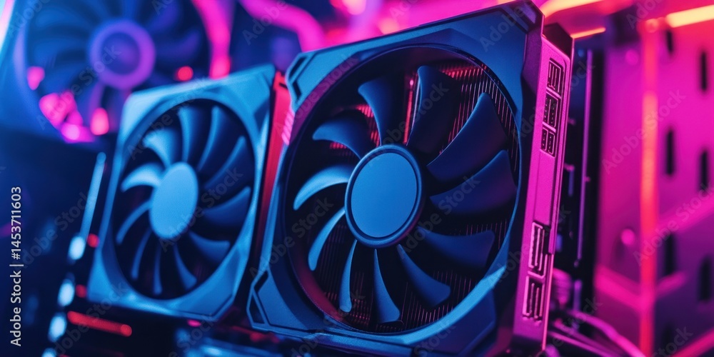 Fototapeta premium Neon-lit Graphics Cards: High-Performance PC Components