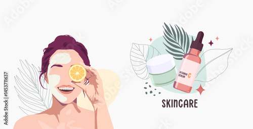 Vector illustration of a woman relaxing with a face sheet mask and skincare sachets on the side. Ideal for beauty, facial treatment, wellness spa, self-care, and natural skincare product promotions