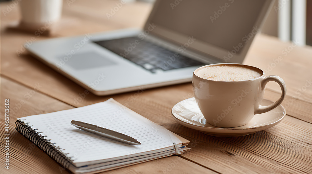 Cup of cappuccino near open laptop on wooden desk with notepad and pen in warm natural light setting Cup of cappuccino near open laptop on wooden desk with notepad and pen in warm natural light setting