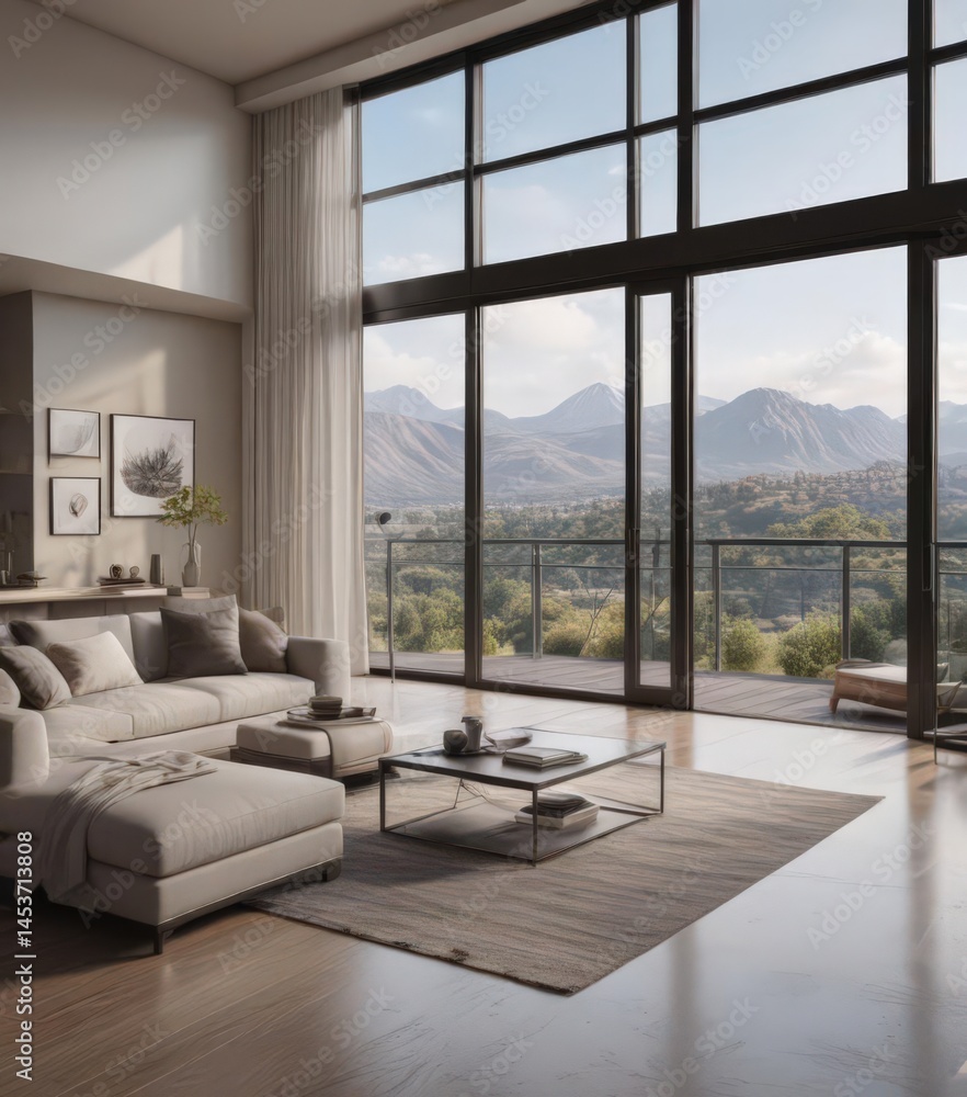 Fototapeta premium Spacious condo, stunning vista from large window, luxury apartment, sun, minimal