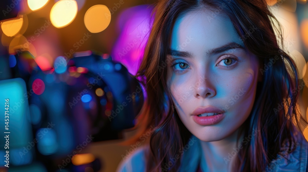 Young Caucasian female content creator standing near camera with colorful lighting in creative studio looking calm confident modern digital artist in media production space expressing focus. Young Caucasian female content creator standing near camera with colorful lighting in creative studio looking calm confident modern digital artist in media production space expressing focus.
