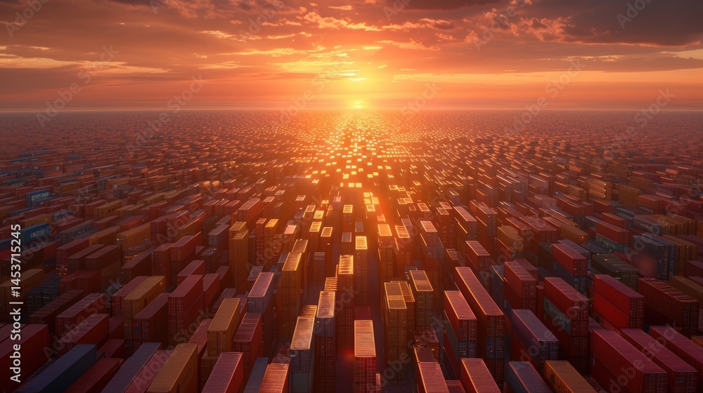Obraz premium Expansive view large-scale seaport operating at peak capacity, with countless shipping containers bathed in golden sunset light global logistics hub facilitating international trade, maritime.