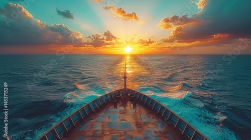 Ship captain overseeing ocean freight logistics from the bridge of a container vessel at sunset. Smart maritime technology ensures safe and efficient global trade operations.