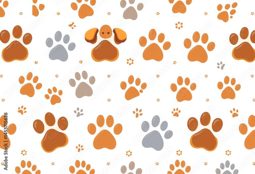 Fototapeta premium Adorable cartoon dog and kitten paw prints in a repeating seamless pattern on white background, fabric, pattern