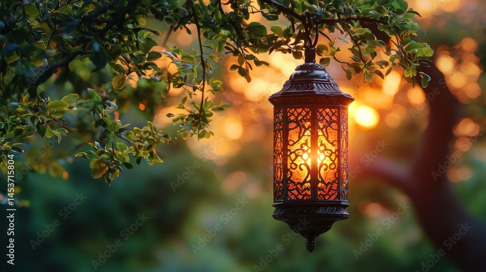 Ornamental lantern glows in sunset garden Ornamental lantern glows in sunset garden