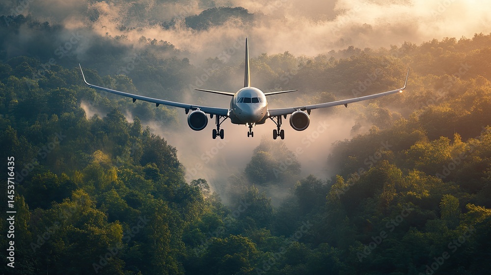 Fototapeta premium Commercial jet aircraft flying over lush forest canopy.