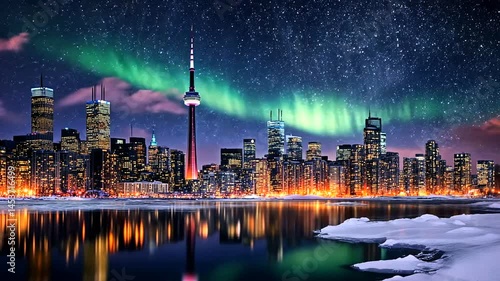 Stunning night view of Toronto skyline illuminated by northern lights over the lake