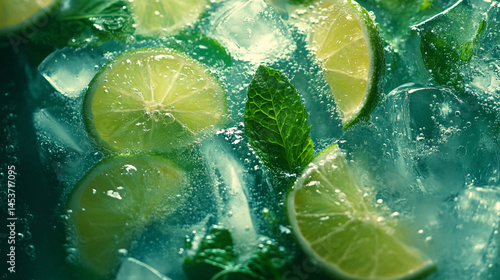Refreshing lime mint ice drink bubbles summer coolness