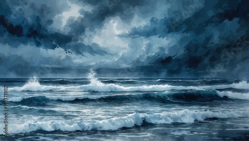 Ocean storm watercolor texture. Moody abstract background with cool dramatic tones.
