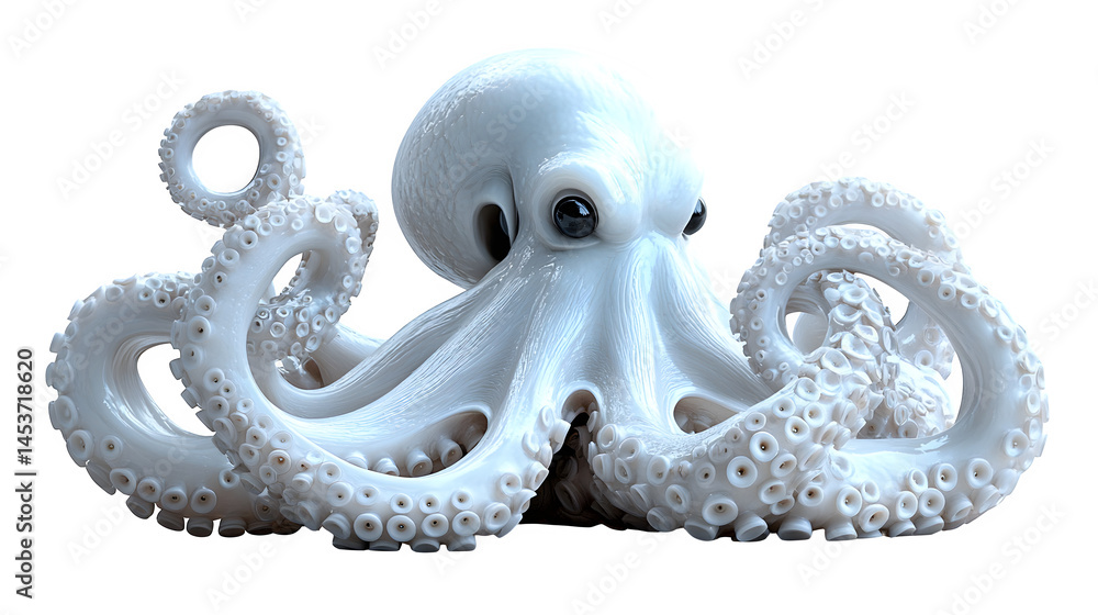 Obraz premium White octopus, 3D cartoon plastic style, isolated on white background