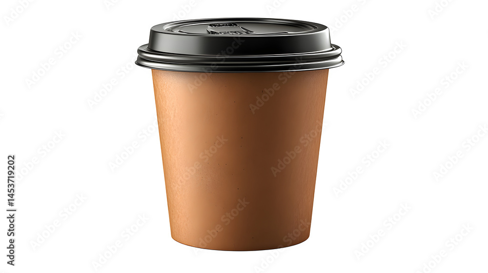 Paper coffee cup with 3D lid, brown realistic plastic style, ideal for branding, isolated on white background Paper coffee cup with 3D lid, brown realistic plastic style, ideal for branding, isolated on white background