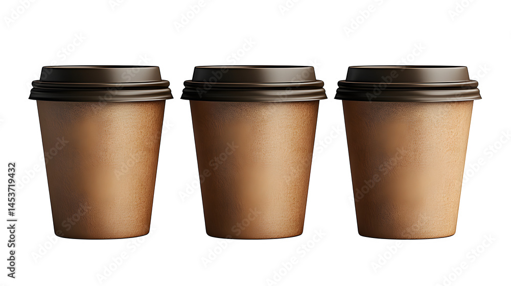Paper coffee cup with 3D lid, brown realistic plastic style, ideal for branding, isolated on white background Paper coffee cup with 3D lid, brown realistic plastic style, ideal for branding, isolated on white background