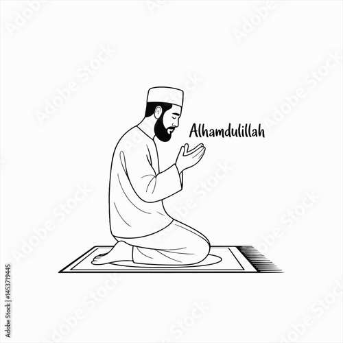 Muslim man in prayer line art vector for ramadan & eid