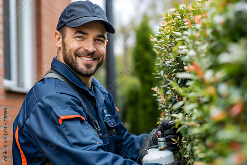 A man in a blue uniform and hat spraying a hedge with a sprayer
