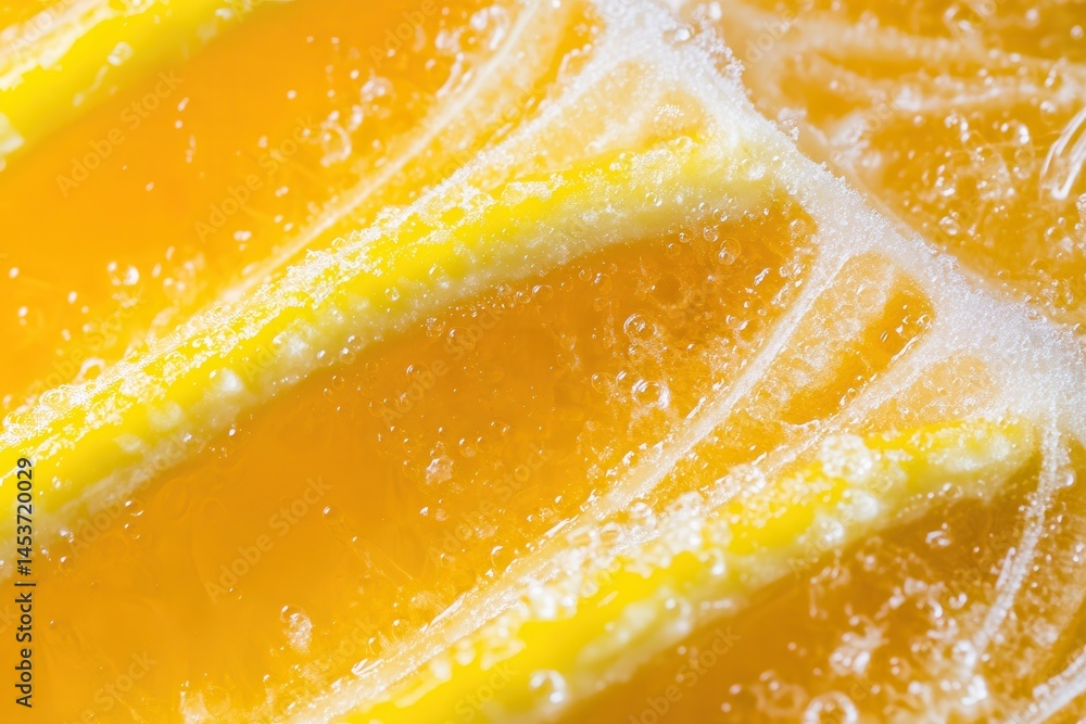 Close-up of vibrant orange juice with bubbles and lemon slices submerged, refreshing drink Close-up of vibrant orange juice with bubbles and lemon slices submerged, refreshing drink