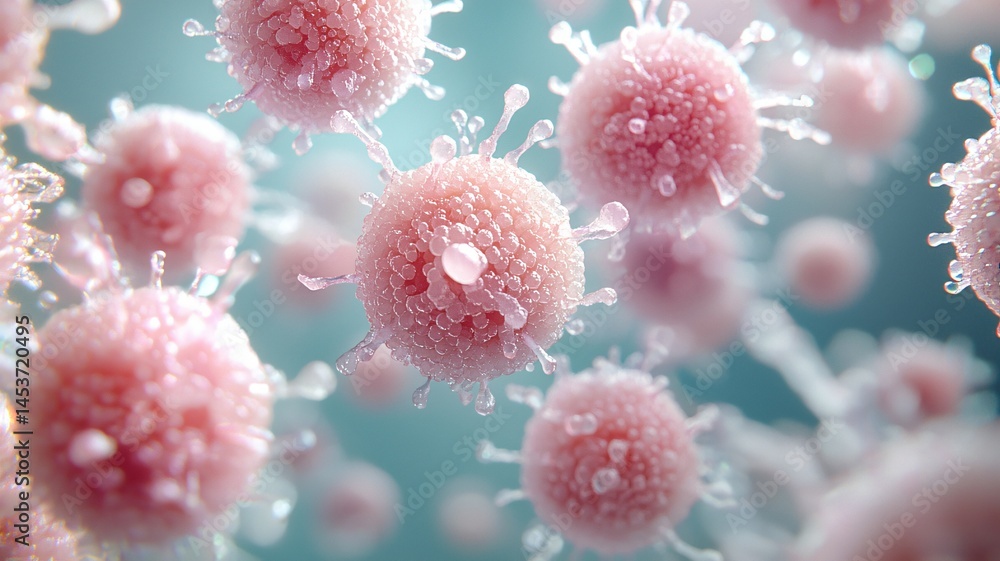 Pink Fuzzy Cells With Spikes Floating in Light Blue Sterile Background Pink Fuzzy Cells With Spikes Floating in Light Blue Sterile Background