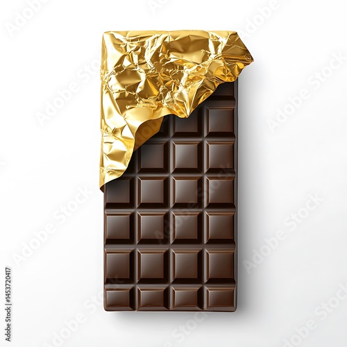 Dark chocolate bar partially unwrapped in gold foil isolated on white background