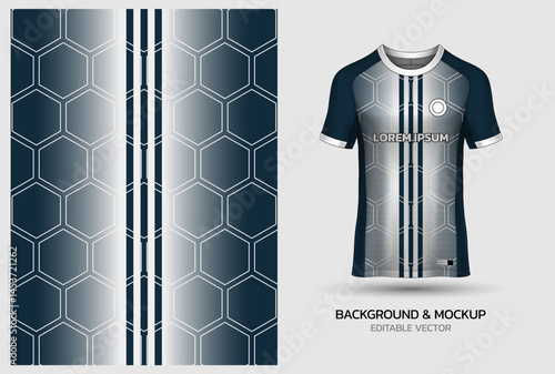 Jersey mockup and background pattern design. Uniform front view jersey and sublimation templates for sports, soccer, football, volleyball, badminton, e-sports, casual