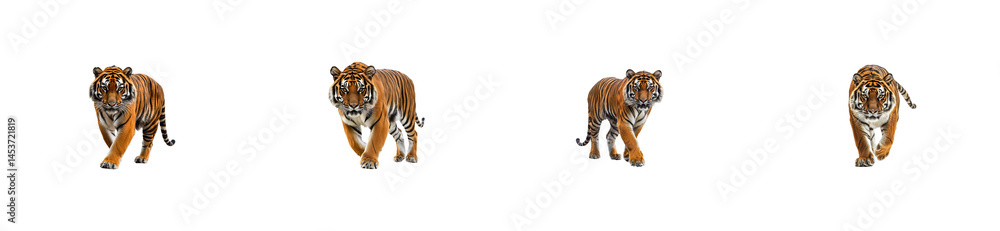 Fototapeta premium Isolated Bengal Tigers Walking Forward, Wild Feline Animal Poses. cut out transparent