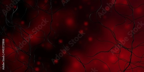 Abstract dark red and black background with floating black stringy textures, shape, fluid