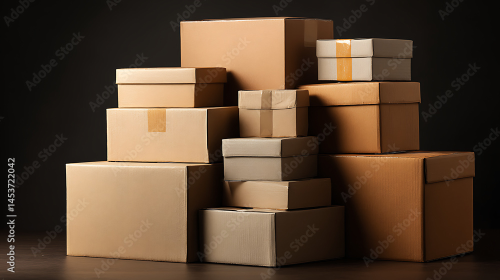 Fototapeta premium Stack of assorted cardboard boxes in various sizes on a dark background and simple arrangement