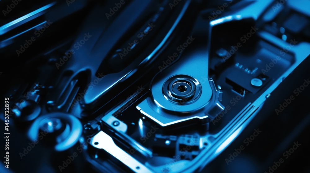 Close-up of a Hard Drive's Internal Mechanics: A Detailed Look at the Data Storage Components Close-up of a Hard Drive's Internal Mechanics: A Detailed Look at the Data Storage Components