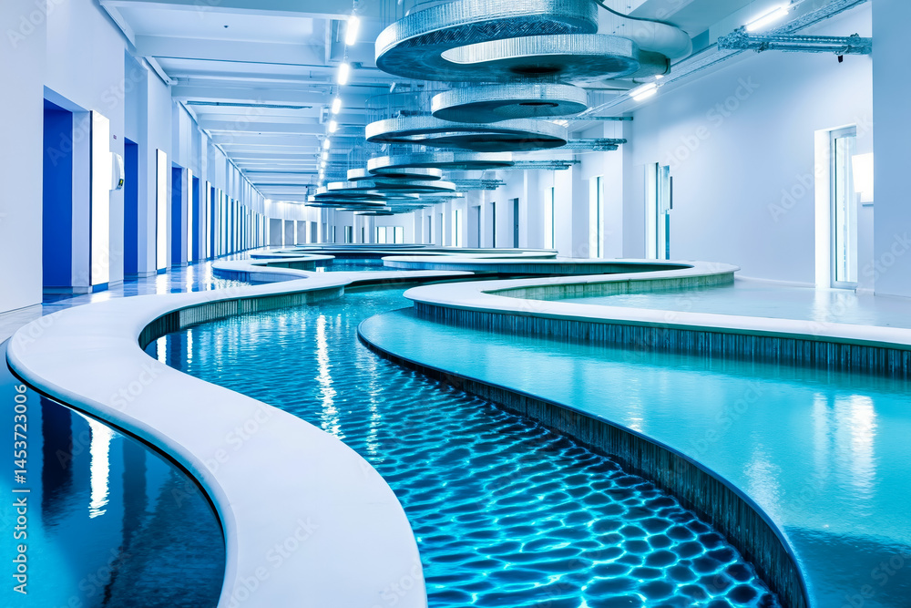 A long pool in a large room with a spiral staircase A long pool in a large room with a spiral staircase