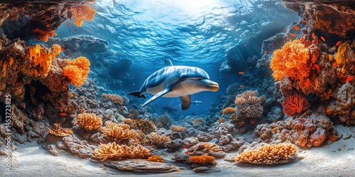 Fototapeta Naklejka Na Ścianę i Meble -  Happy dolphins gracefully swim through a vibrant coral reef in crystal-clear turquoise water, surrounded by colorful marine life in a breathtaking underwater paradise