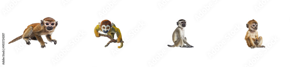 Obraz premium Four monkeys isolated, different types and poses. cut out transparent